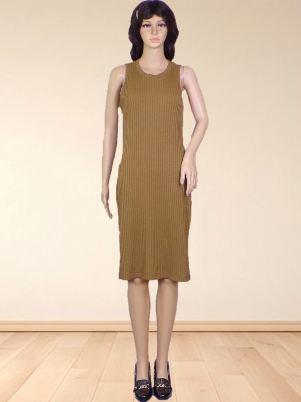 NINE WEST size M bronze sleeveless rib-knit sheath dress polyester/rayon/spandx